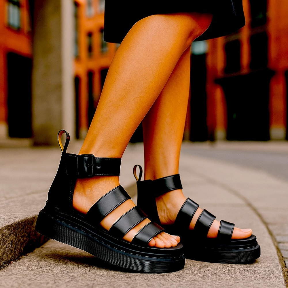 NEW Dr. Martens Clarissa II Shore Leather Platform Black Sandals Size 8 Women